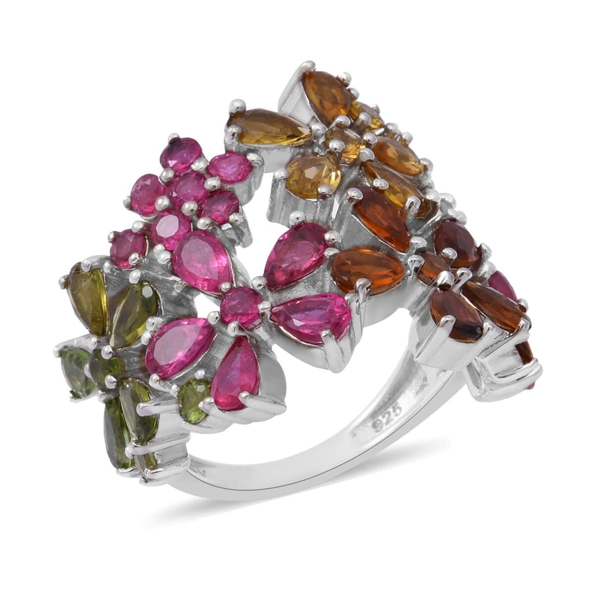 Multi-Tourmaline Floral Ring in Platinum Over Sterling Silver (Size 10.0) 5.75 ctw image number 0