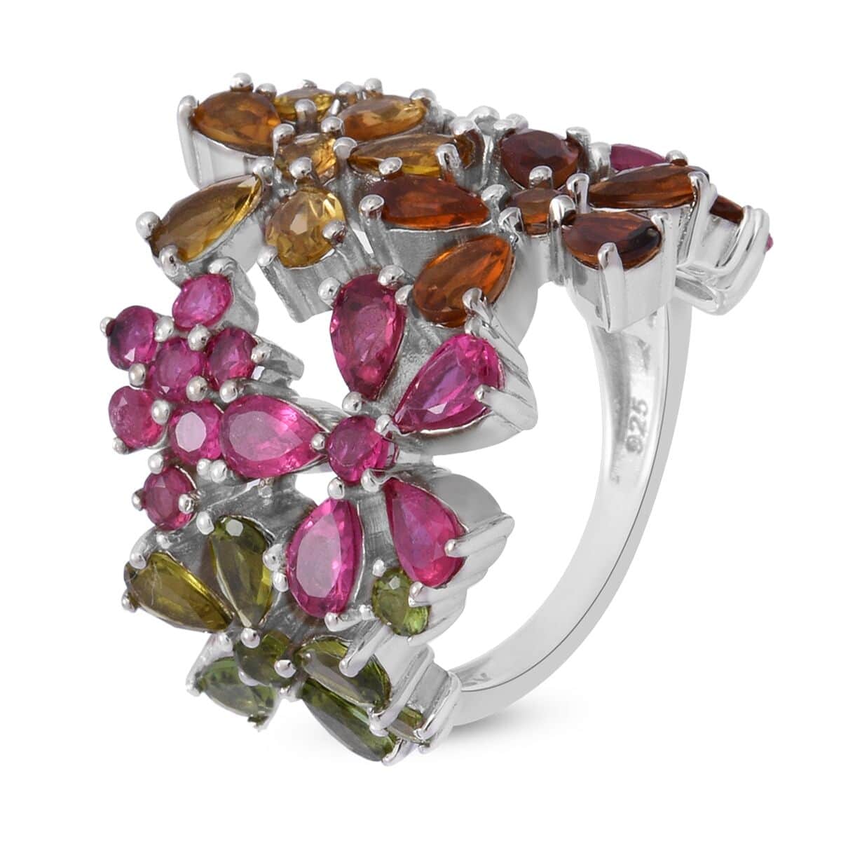 Multi-Tourmaline Floral Ring in Platinum Over Sterling Silver (Size 10.0) 5.75 ctw image number 2