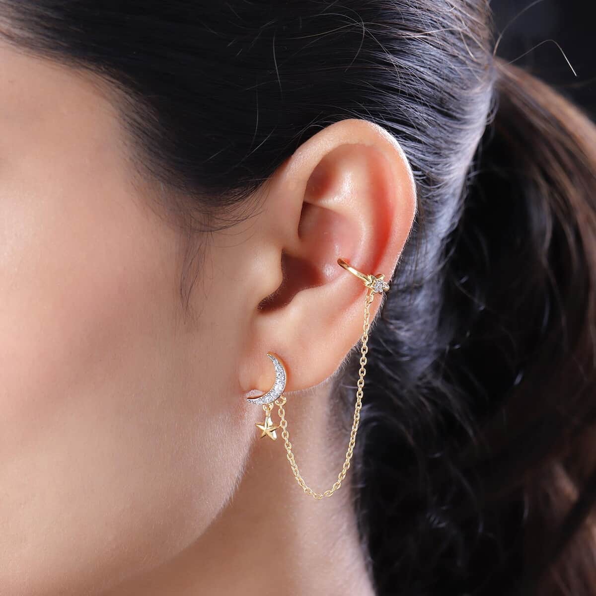 Natural White Zircon Moon Star Ear Cuff in Vermeil Yellow Gold Over Sterling Silver 0.20 ctw image number 2