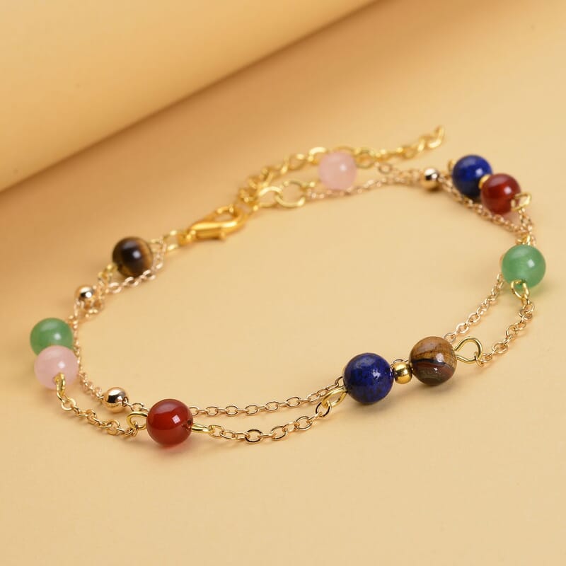 Multi Gemstone Beaded Anklet in Goldtone (8-11 Inch) 17.50 ctw