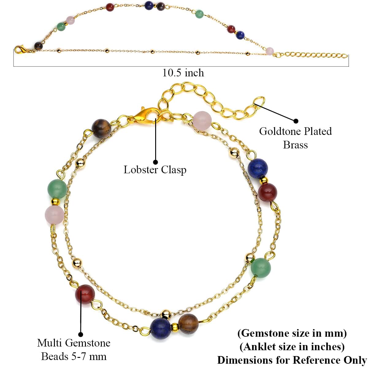 Multi Gemstone Beaded Anklet in Goldtone (8-11 Inch) 17.50 ctw image number 3