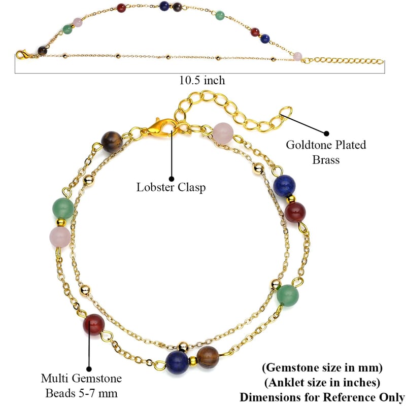 Multi Gemstone Beaded Anklet in Goldtone (8-11 Inch) 17.50 ctw