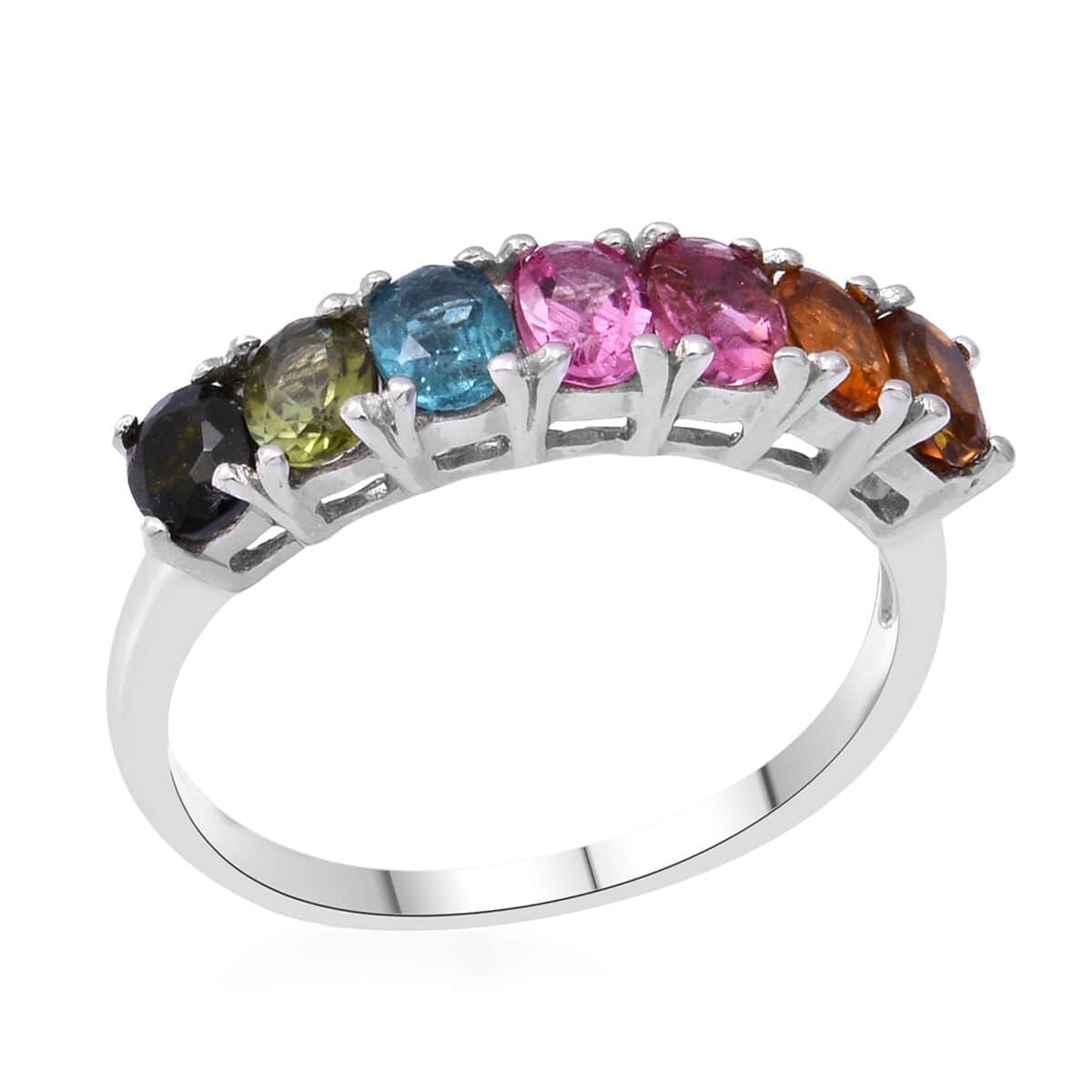 Multi-Tourmaline 7 Stone Ring in Platinum Over Sterling Silver (Size 6.0) 1.25 ctw image number 0