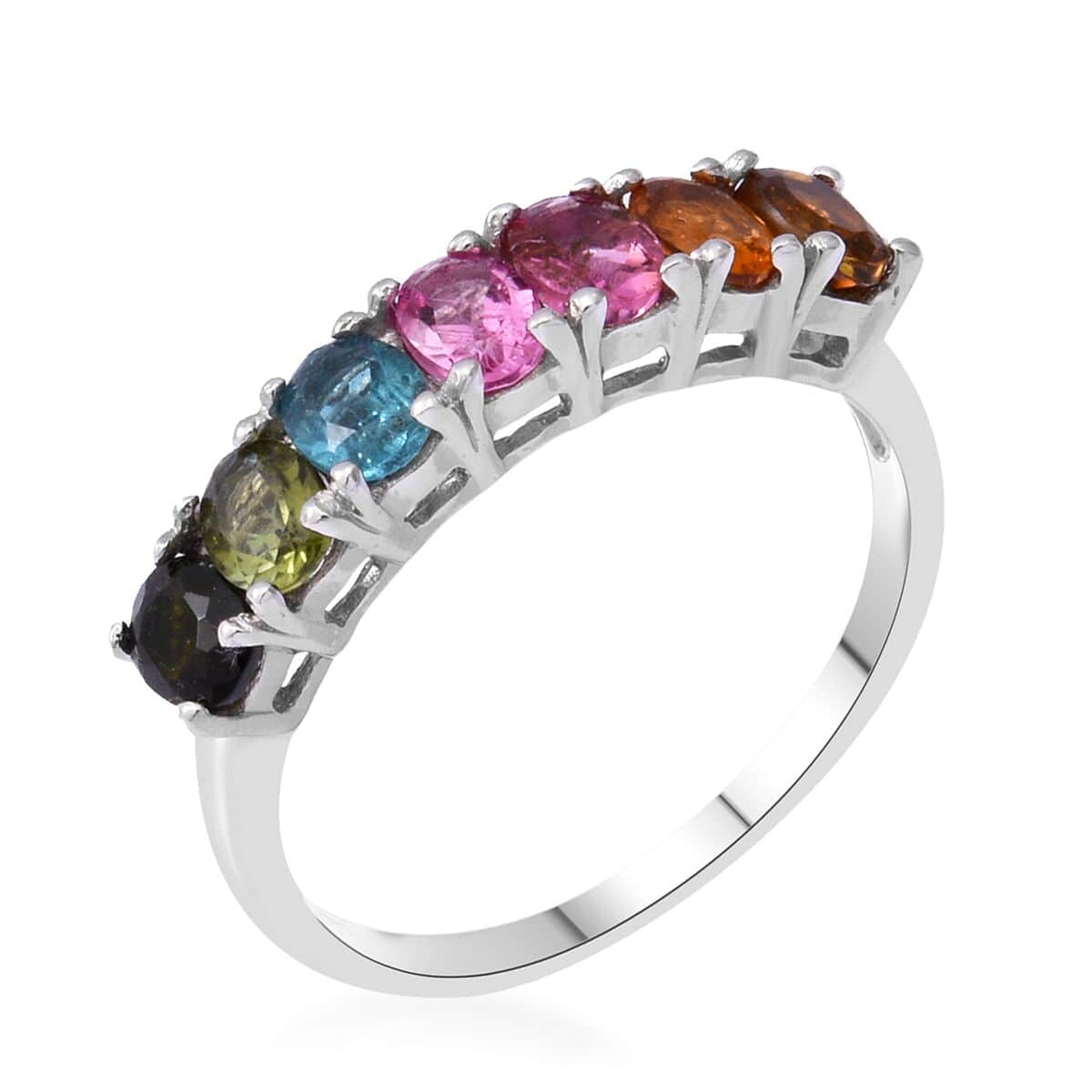 Multi-Tourmaline 7 Stone Ring in Platinum Over Sterling Silver (Size 6.0) 1.25 ctw image number 2