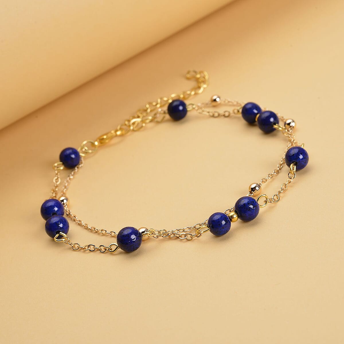Lapis Lazuli Beaded Anklet in Goldtone (8-11 Inch) 17.50 ctw image number 1