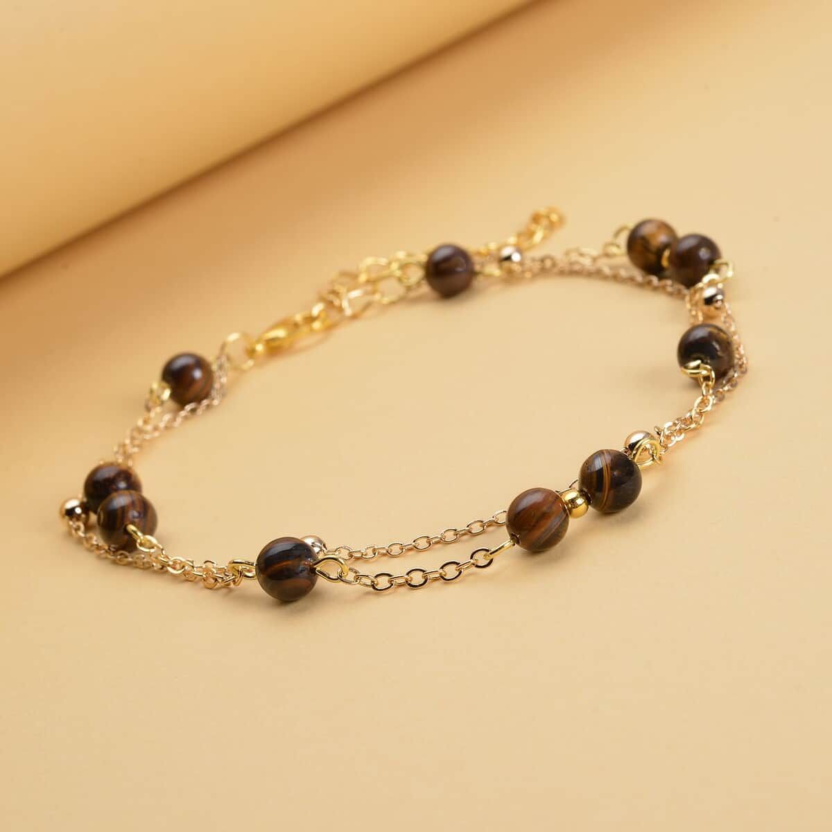 Yellow Tiger's Eye Beaded Anklet in Goldtone (8-11 Inch) 17.50 ctw image number 1