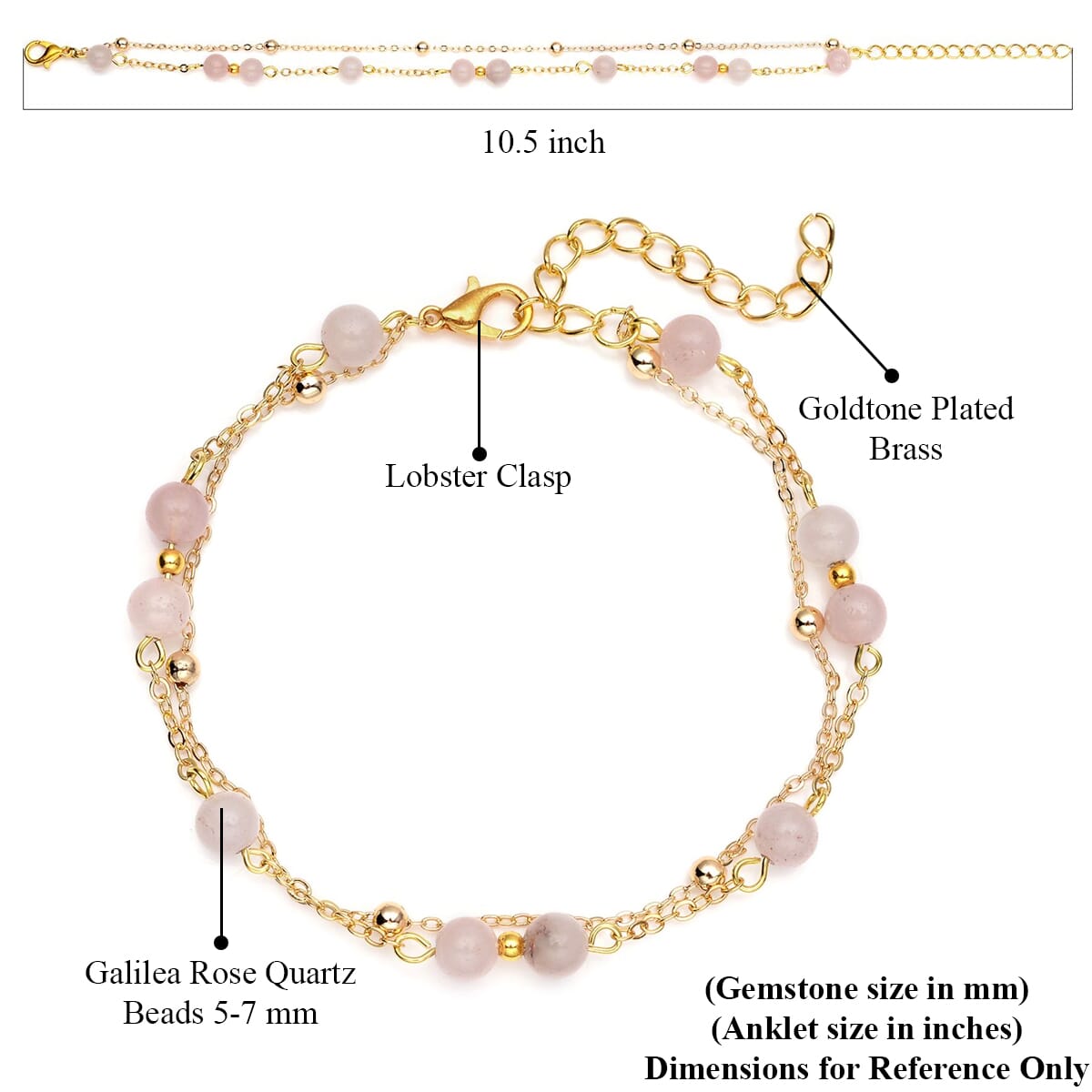 Galilea Rose Quartz Beaded Anklet in Goldtone (8-11 Inch) 17.50 ctw image number 3