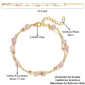 Galilea Rose Quartz Beaded Anklet in Goldtone (8-11 Inch) 17.50 ctw