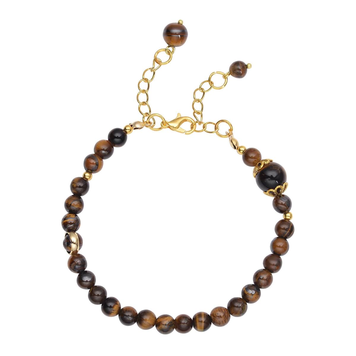 Yellow Tiger's Eye 6-10mm Beaded Anklet in Goldtone (8-9.5In) 56.50 ctw image number 0