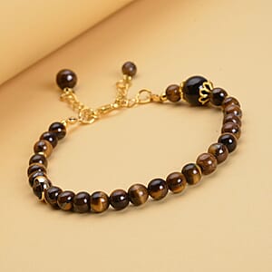 Yellow Tiger's Eye 56.50 ctw 6-10mm Beaded Anklet in Goldtone (8-9.5In)