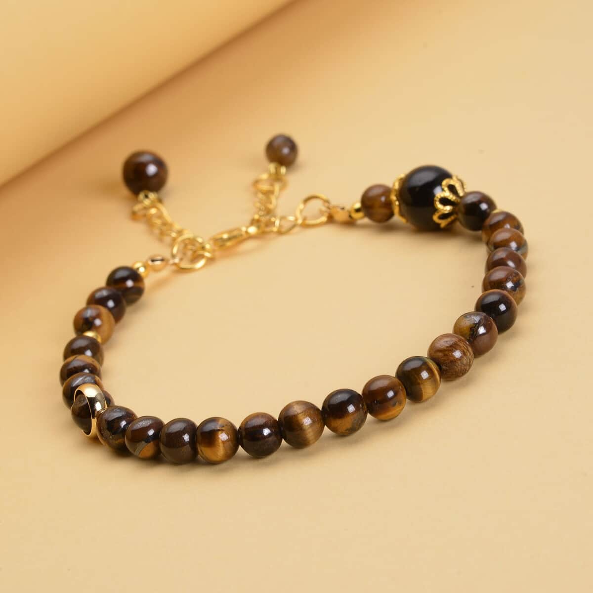 Yellow Tiger's Eye 6-10mm Beaded Anklet in Goldtone (8-9.5In) 56.50 ctw image number 1