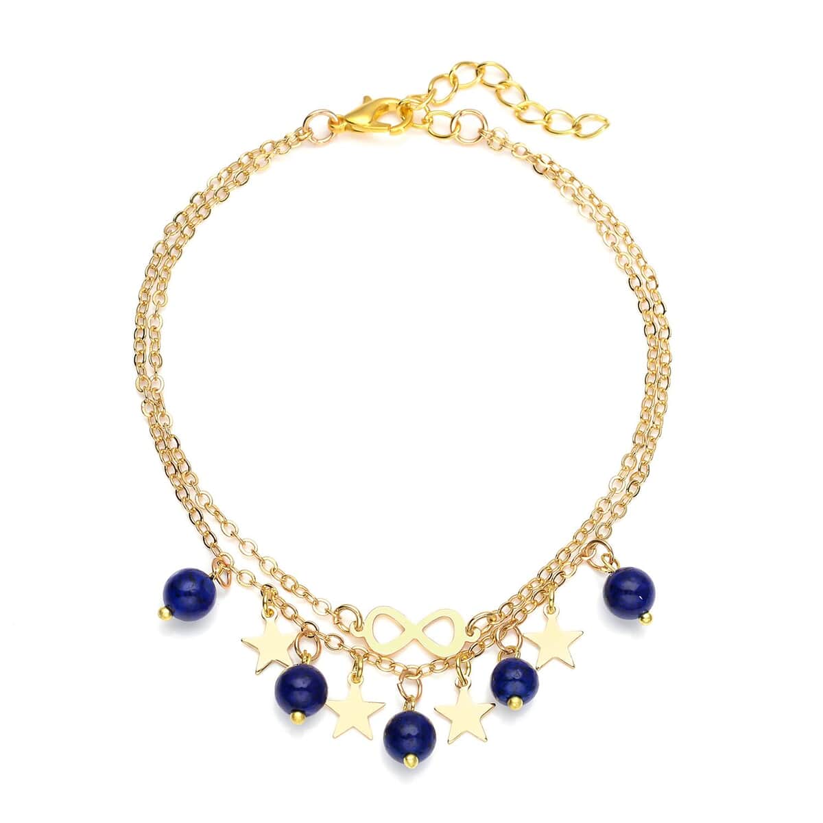 Lapis Lazuli Dual Row Anklet with Star Charm in Goldtone (8-11In) 10.00 ctw image number 0