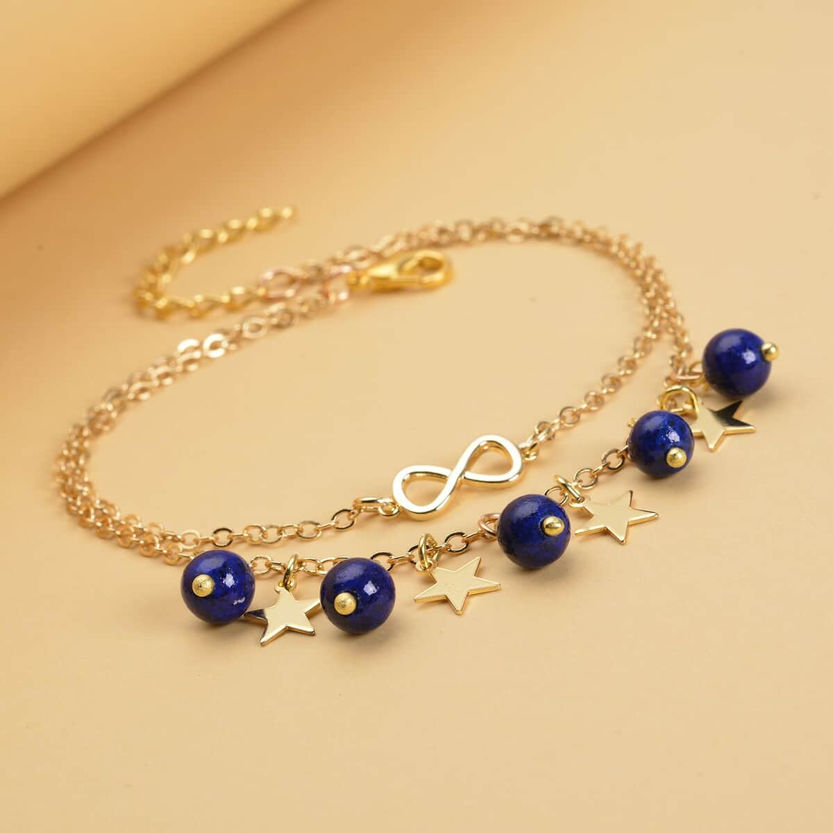 Lapis Lazuli Dual Row Anklet with Star Charm in Goldtone (8-11In) 10.00 ctw image number 1