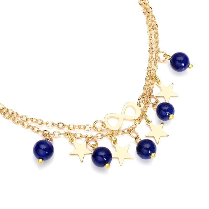 Lapis Lazuli Dual Row Anklet with Star Charm in Goldtone (8-11In) 10.00 ctw