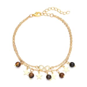 Yellow Tiger's Eye Dual Row Anklet with Star Charm in Goldtone (8-11In) 10.00 ctw