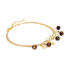 Yellow Tiger's Eye 10.00 ctw Dual Row Anklet with Star Charm in Goldtone (8-11In)
