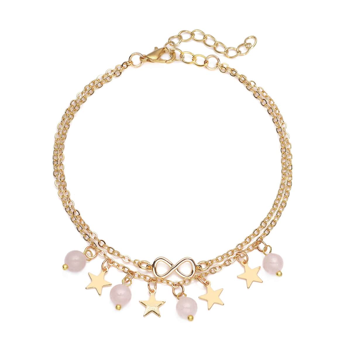 Galilea Rose Quartz Dual Row Anklet with Star Charm in Goldtone (8-11In) 10.00 ctw image number 0
