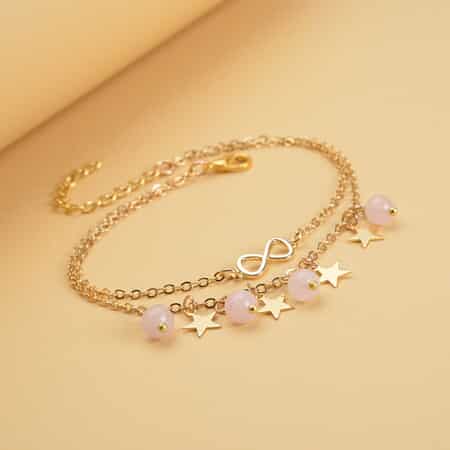 Galilea Rose Quartz Dual Row Anklet with Star Charm in Goldtone (8-11In) 10.00 ctw image number 1