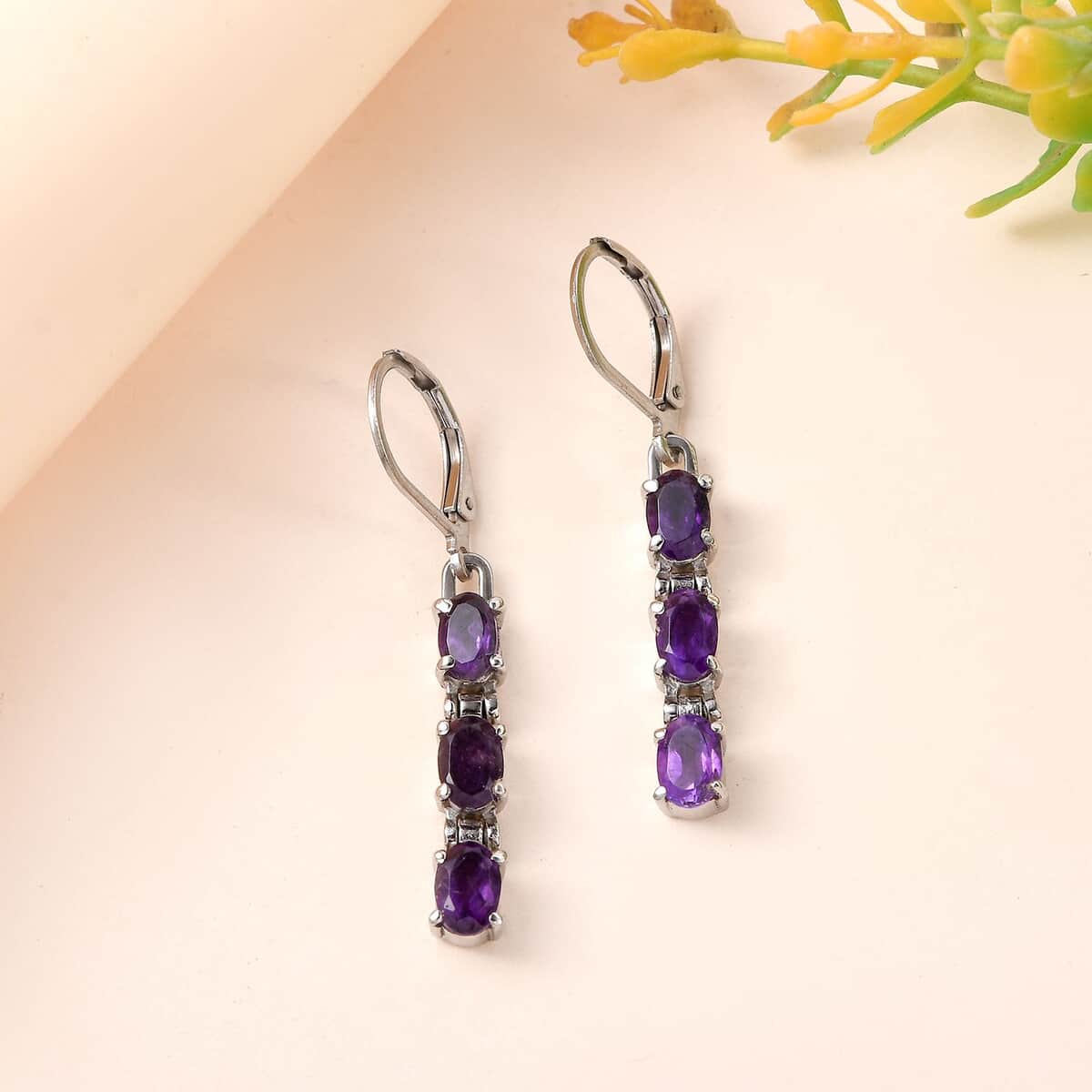 Amethyst Lever Back Earrings in Stainless Steel 2.65 ctw image number 1