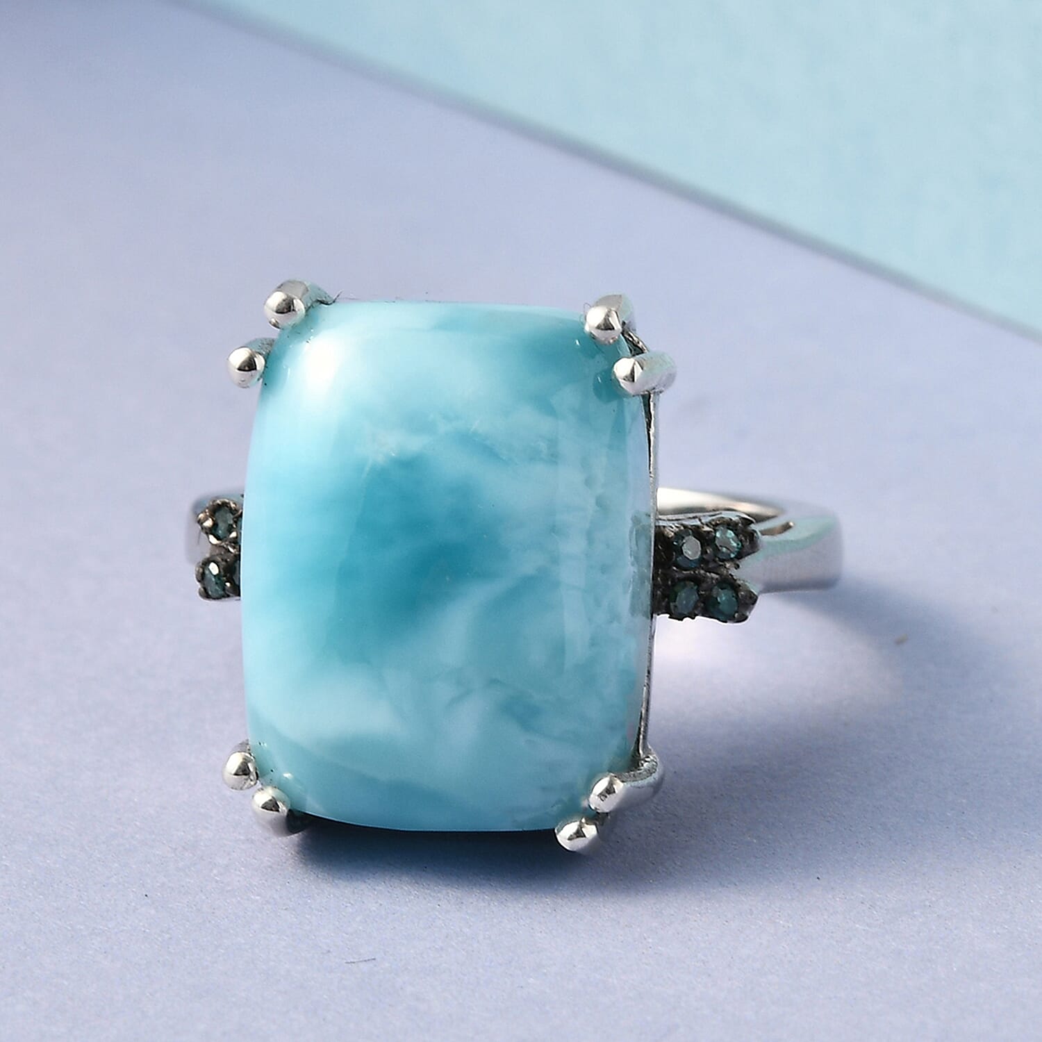 Buy Larimar and Blue Diamond Ring in Platinum Over Sterling Silver