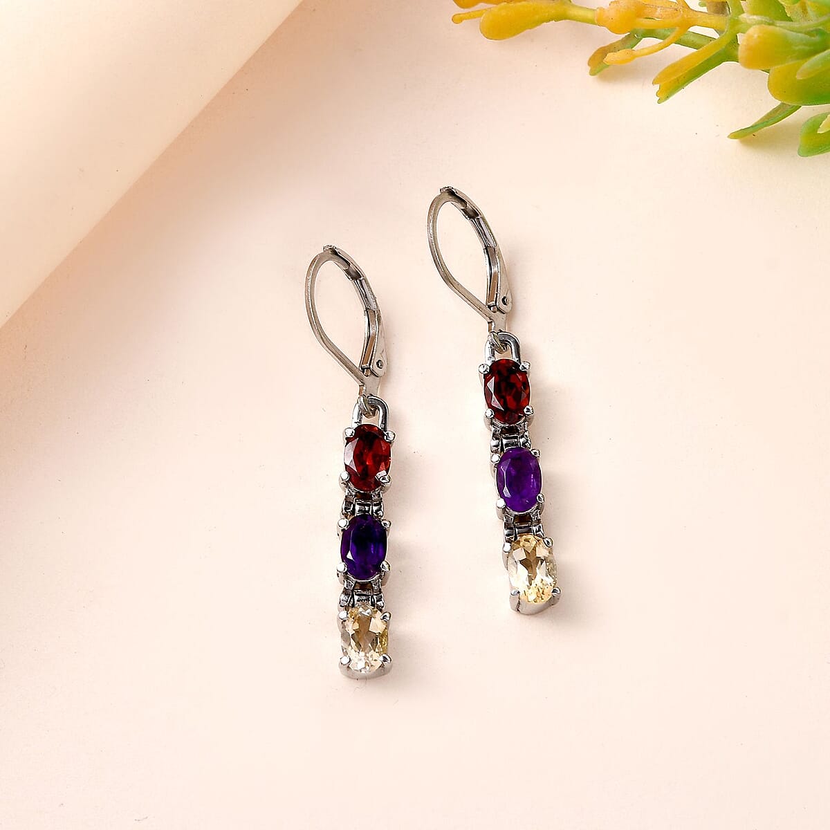 Multi Gemstone Lever Back Earrings in Stainless Steel 2.90 ctw image number 1