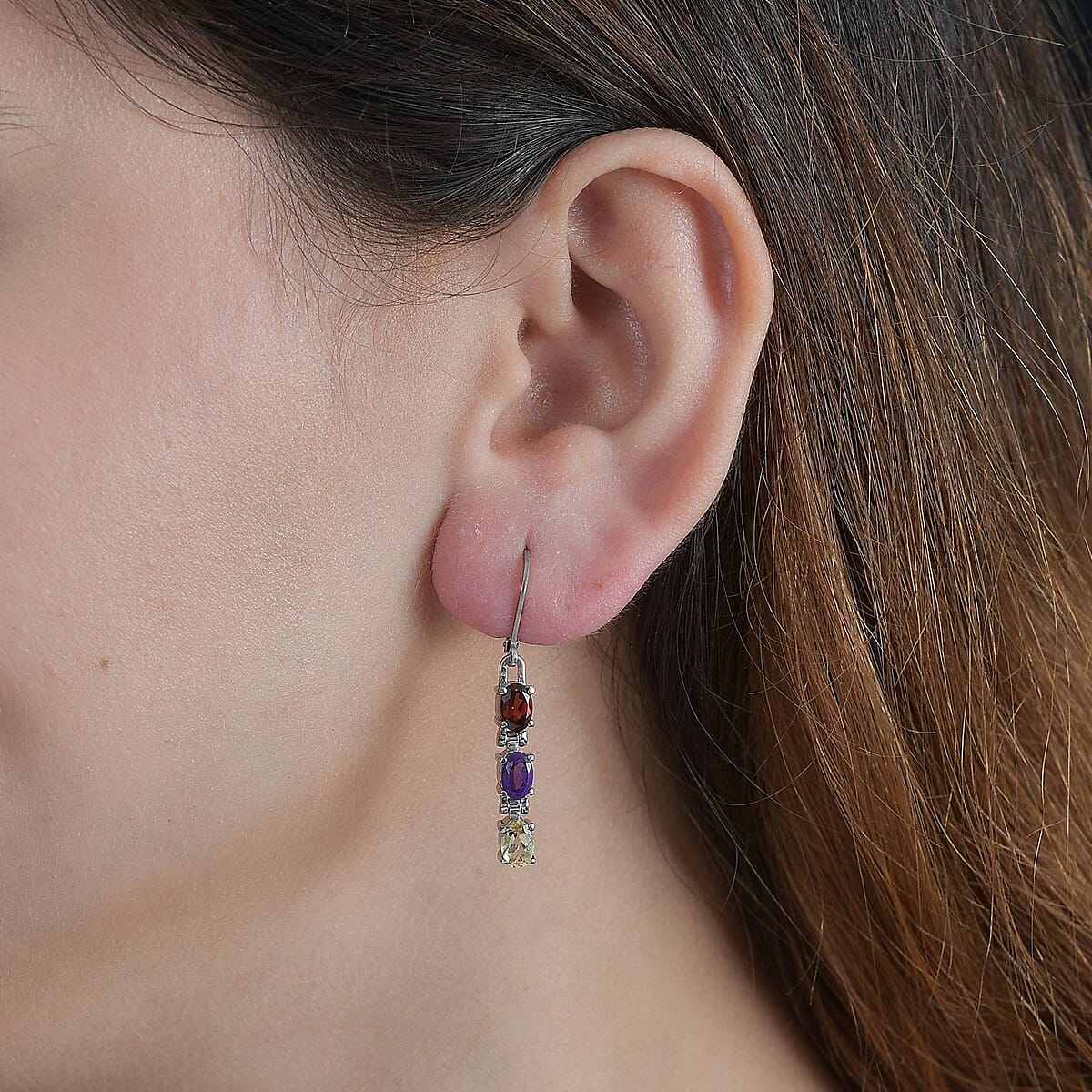 Multi Gemstone Lever Back Earrings in Stainless Steel 2.90 ctw image number 2