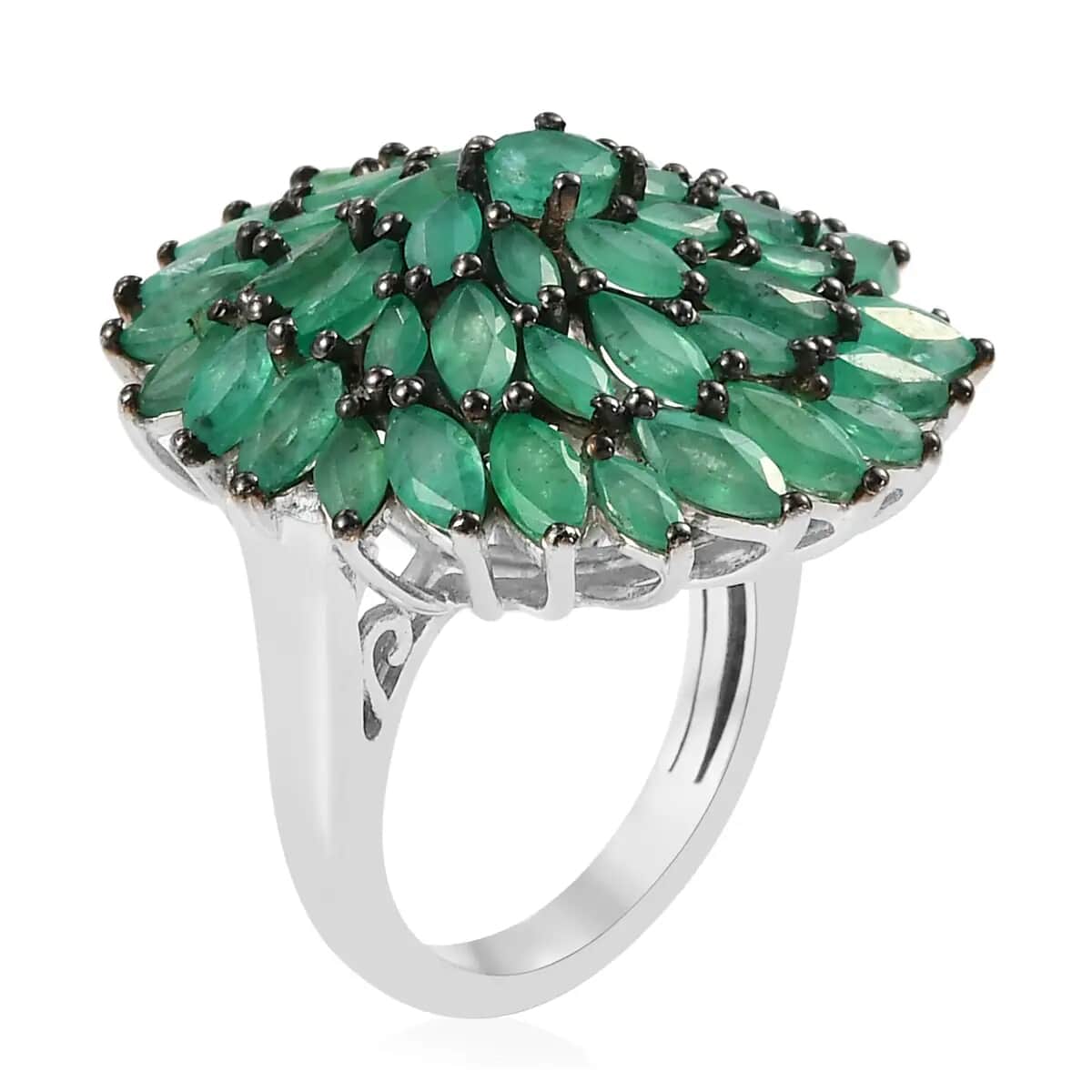 Kagem Zambian Emerald Floral Spray Ring in Platinum Over Sterling Silver (Size 6.0) 5.25 ctw image number 3