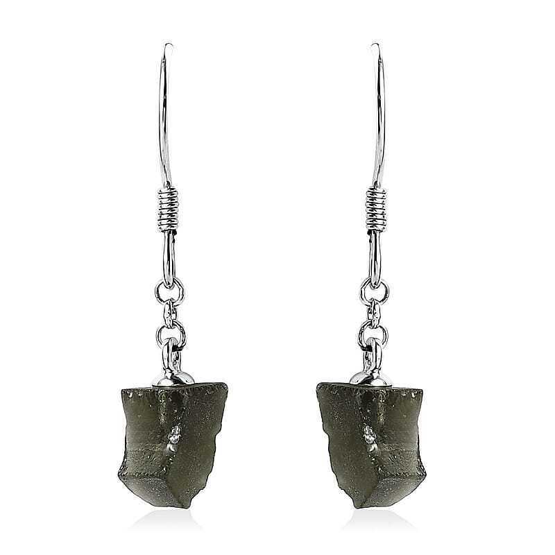 Artisan Crafted Rough Cut Bohemian Moldavite Fancy Earrings in Sterling Silver 4.85 ctw