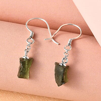 Artisan Crafted Rough Cut Bohemian Moldavite Fancy Earrings in Sterling Silver 4.85 ctw