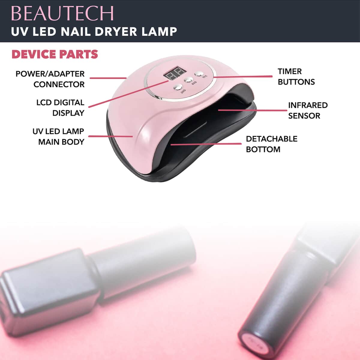 Beautech USB Nail Lamp - Pink (15 W) (Certificate: CE ROHS,FCC) | Cordless LED Nail Lamp for Nails | LED UV Nail Lamp | Advanced Nail Care Spa image number 1
