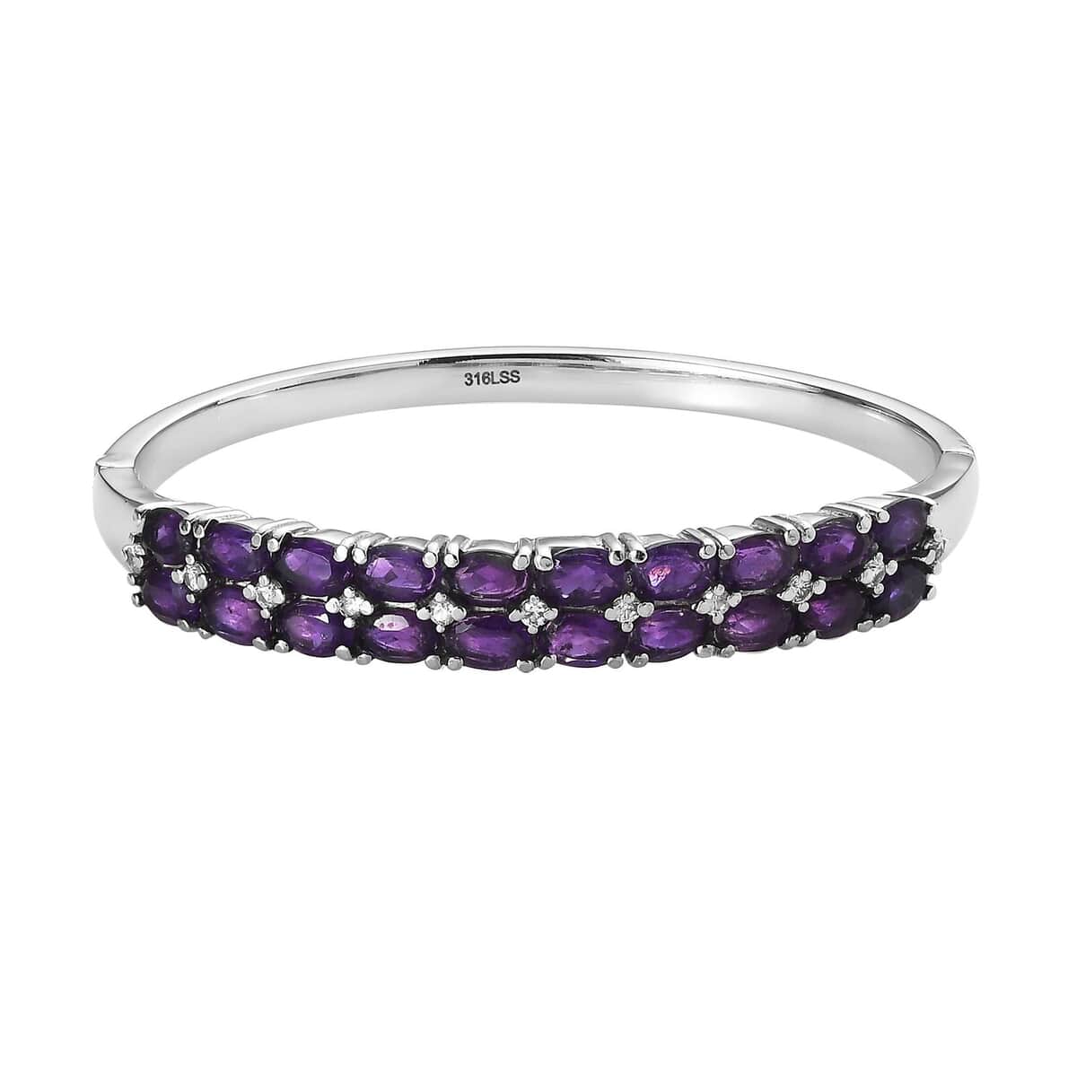 African Amethyst and Simulated Diamond Bangle Bracelet in Stainless Steel (6.50 In) 9.10 ctw image number 0