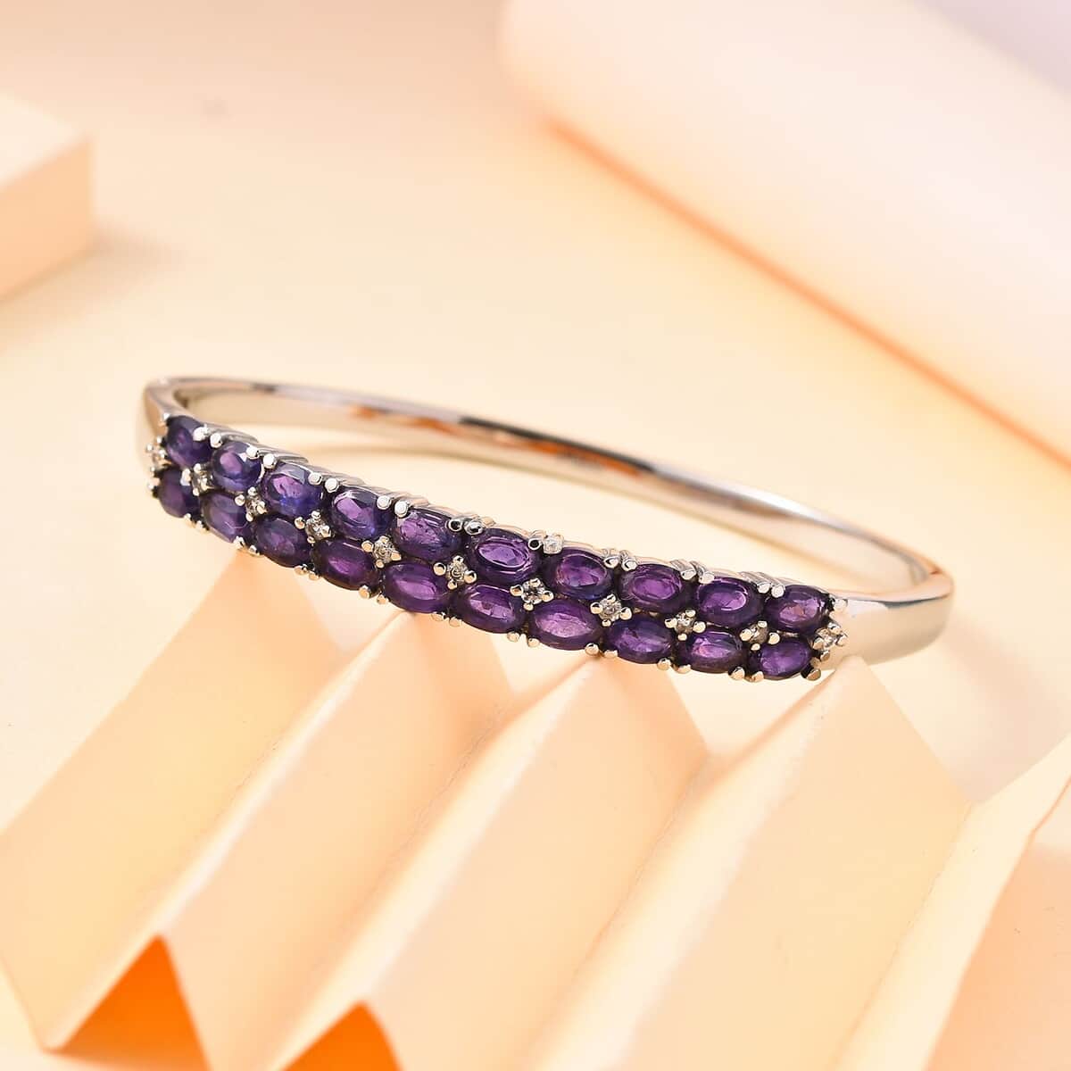 African Amethyst and Simulated Diamond Bangle Bracelet in Stainless Steel (6.50 In) 9.10 ctw image number 1