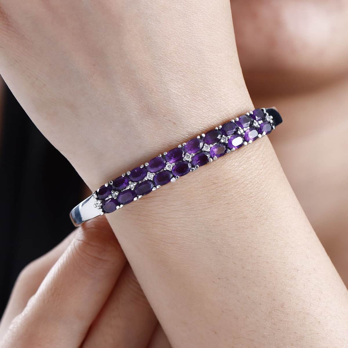 African Amethyst and Simulated Diamond Bangle Bracelet in Stainless Steel (6.50 In) 9.10 ctw image number 2