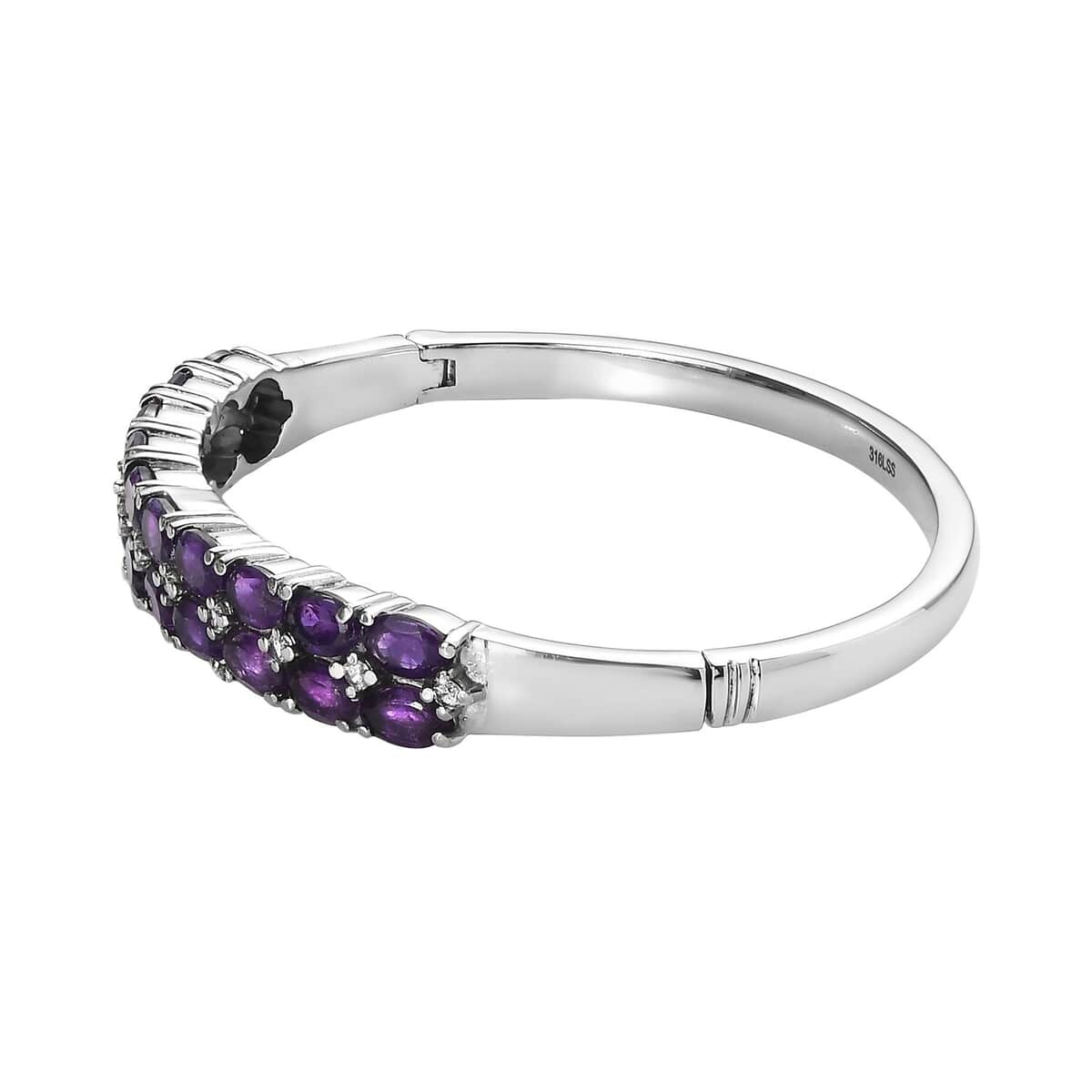 African Amethyst and Simulated Diamond Bangle Bracelet in Stainless Steel (6.50 In) 9.10 ctw image number 3