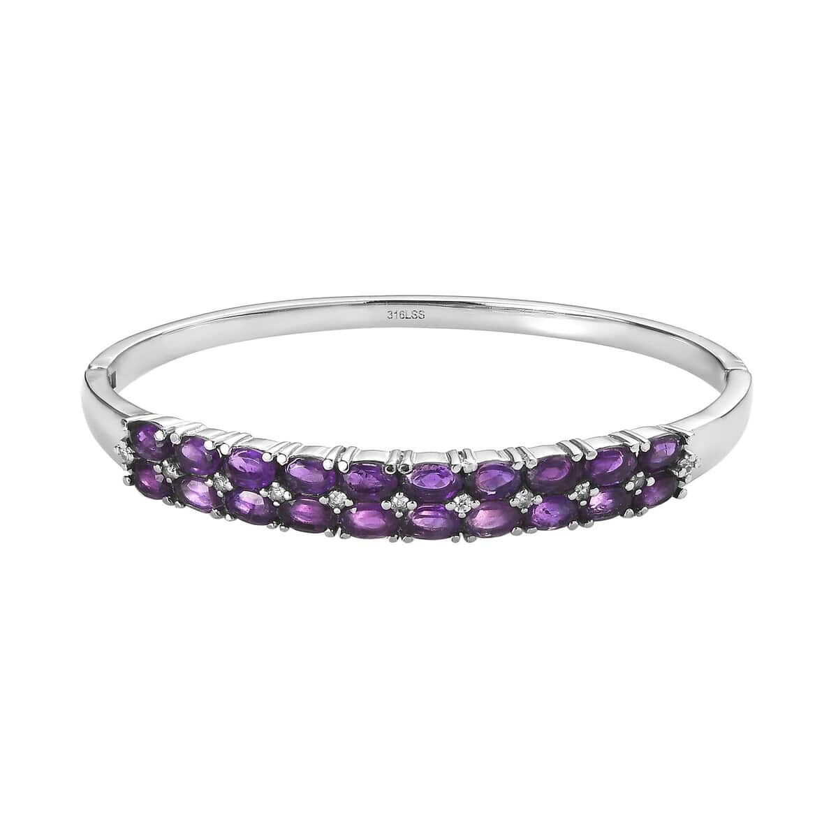 African Amethyst and Simulated Diamond Bangle Bracelet in Stainless Steel (7.25 In) 9.10 ctw image number 0