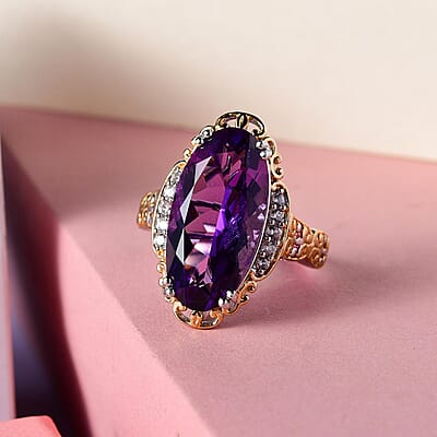 Lusaka Amethyst and Natural White Zircon Ring in Vermeil Yellow Gold and Platinum Over Sterling Silver (Size 10.0) 9.35 ctw
