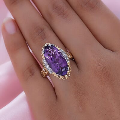 Lusaka Amethyst and Natural White Zircon Ring in Vermeil Yellow Gold and Platinum Over Sterling Silver (Size 10.0) 9.35 ctw
