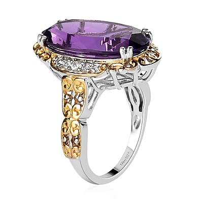 Lusaka Amethyst and Natural White Zircon Ring in Vermeil Yellow Gold and Platinum Over Sterling Silver (Size 10.0) 9.35 ctw