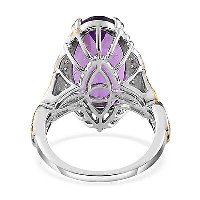 Lusaka Amethyst and Natural White Zircon Ring in Vermeil Yellow Gold and Platinum Over Sterling Silver (Size 10.0) 9.35 ctw