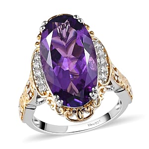Lusaka Amethyst and Natural White Zircon Ring in Vermeil Yellow Gold and Platinum Over Sterling Silver (Size 7.0) 9.35 ctw