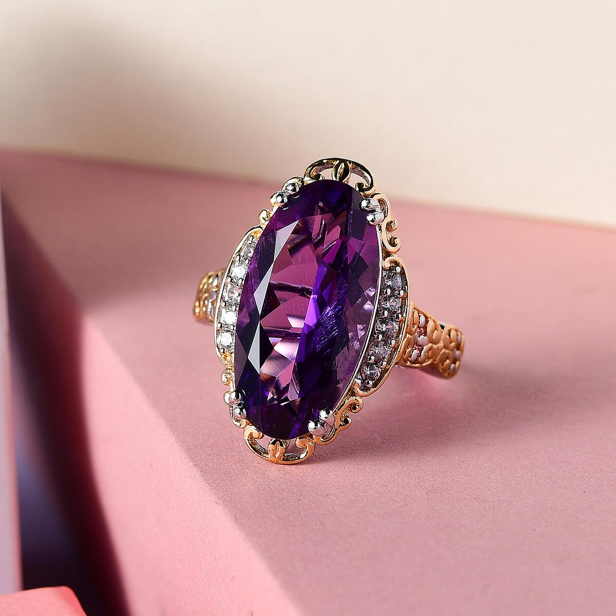 Lusaka Amethyst and Natural White Zircon Ring in Vermeil Yellow Gold and Platinum Over Sterling Silver (Size 7.0) 9.35 ctw image number 1