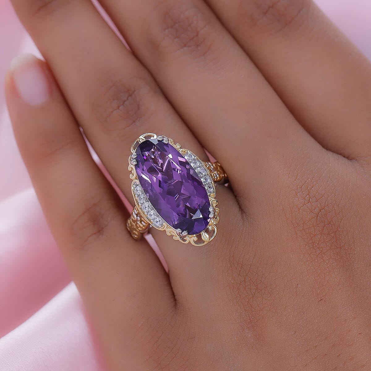 Lusaka Amethyst and Natural White Zircon Ring in Vermeil Yellow Gold and Platinum Over Sterling Silver (Size 7.0) 9.35 ctw image number 2