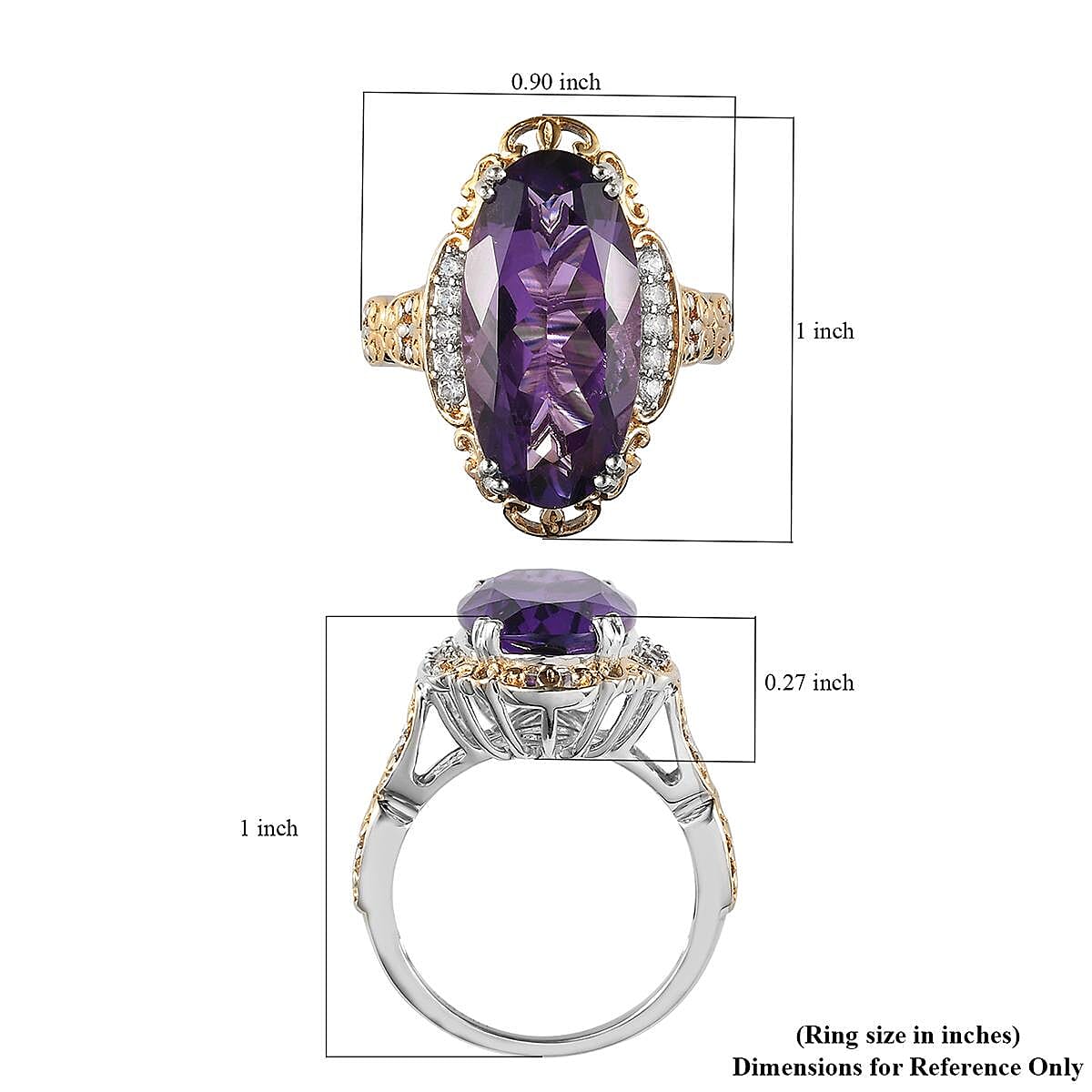 Lusaka Amethyst and Natural White Zircon Ring in Vermeil Yellow Gold and Platinum Over Sterling Silver (Size 7.0) 9.35 ctw image number 5