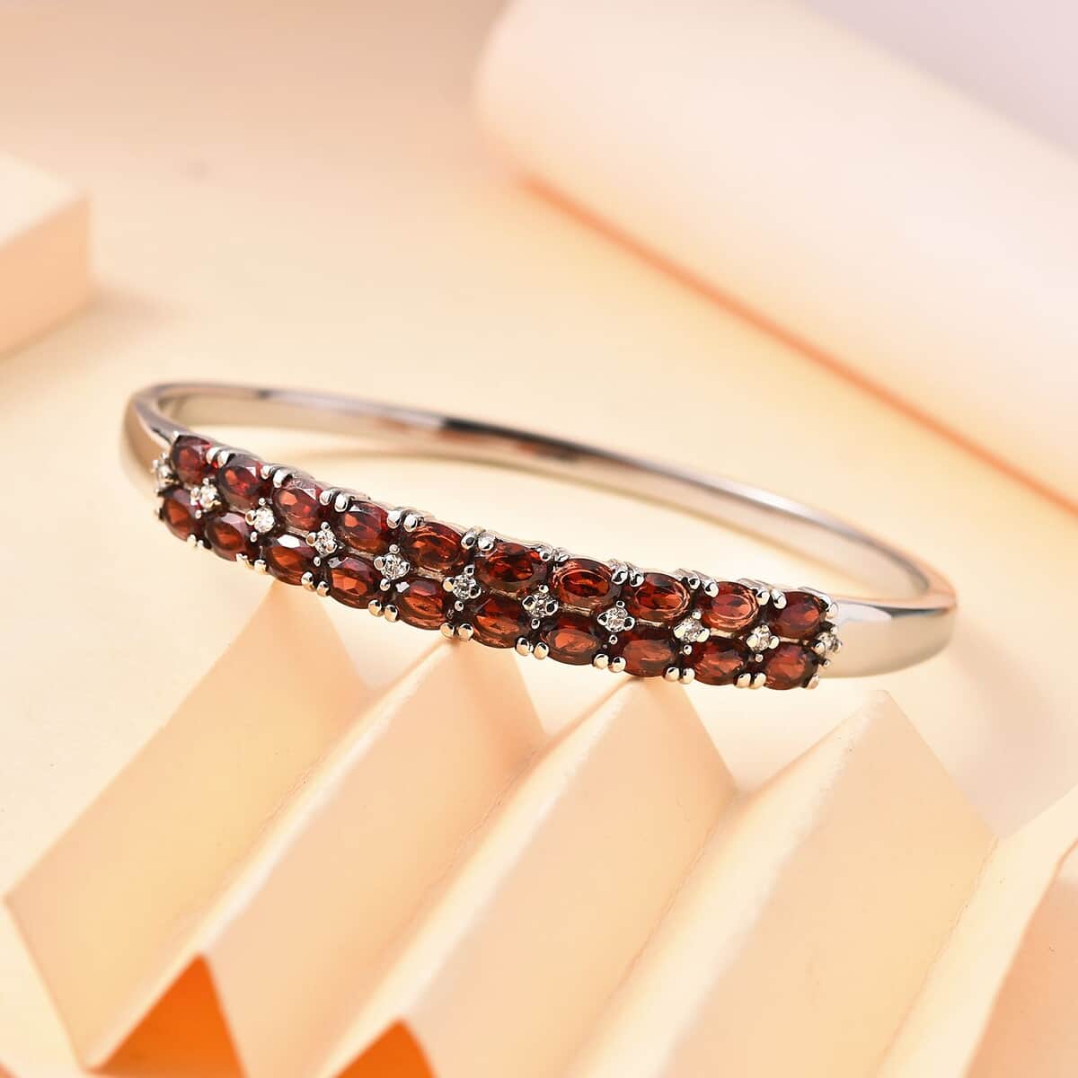 Mozambique Garnet and Simulated Diamond Bangle Bracelet in Stainless Steel (6.50 In) 11.50 ctw image number 1