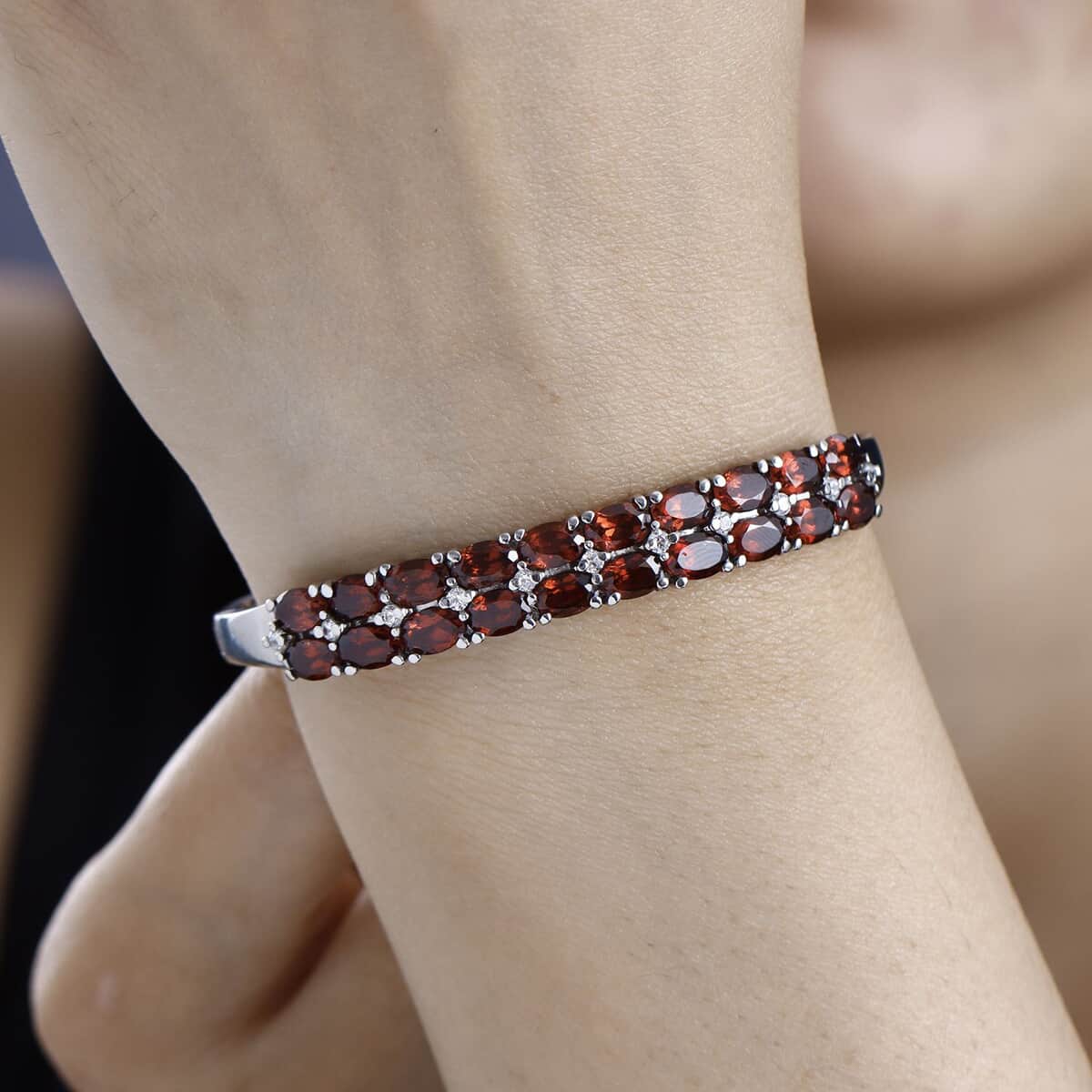 Mozambique Garnet and Simulated Diamond Bangle Bracelet in Stainless Steel (6.50 In) 11.50 ctw image number 2