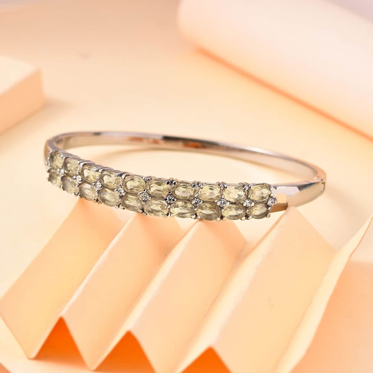 Brazilian Citrine and Simulated Diamond Bangle Bracelet in Stainless Steel (8.00 In) 10.00 ctw image number 1