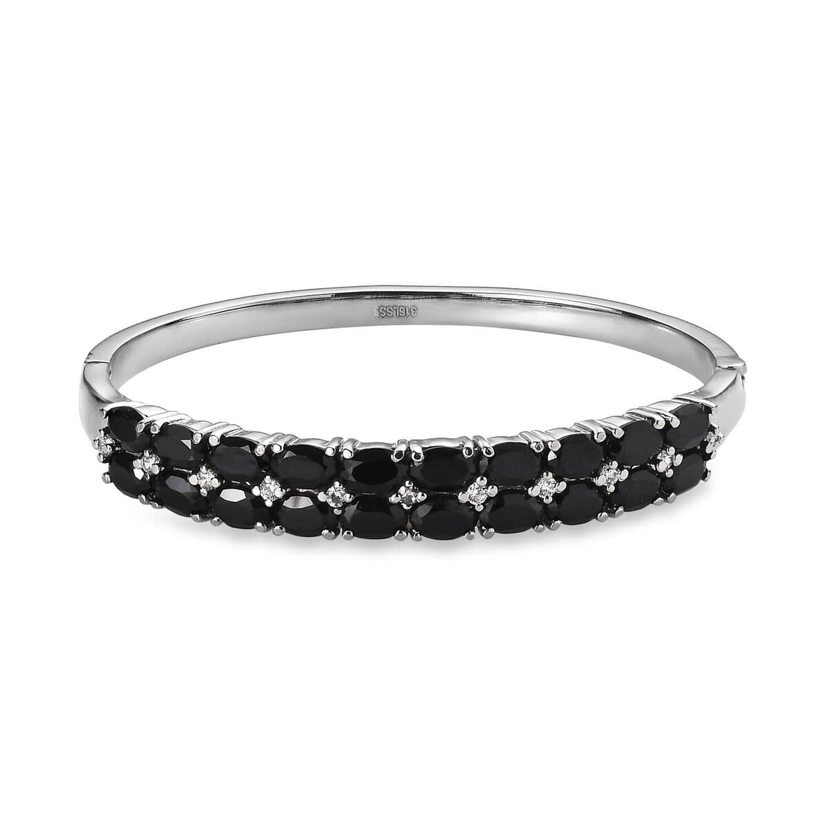 Thai Black Spinel and White Simulated Diamond Bangle Bracelet in Stainless Steel (6.50 In) 11.80 ctw image number 0