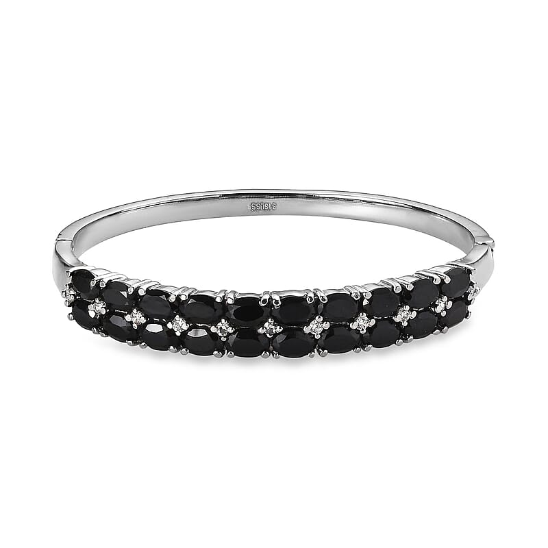 Thai Black Spinel and White Simulated Diamond Bangle Bracelet in Stainless Steel (6.50 In) 11.80 ctw