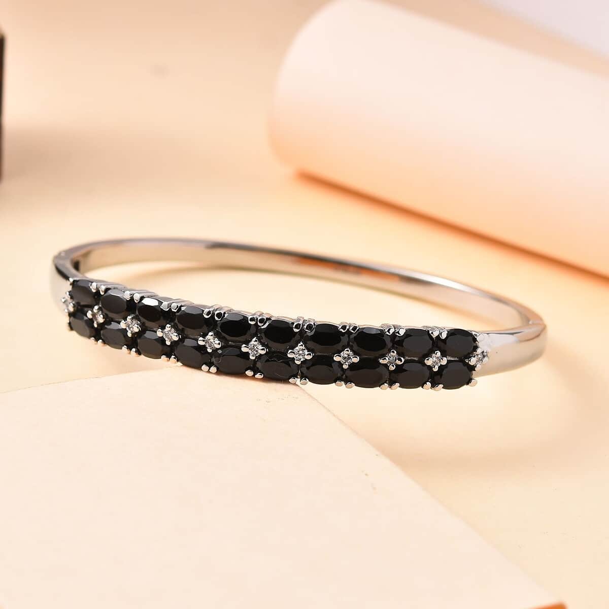 Thai Black Spinel and White Simulated Diamond Bangle Bracelet in Stainless Steel (6.50 In) 11.80 ctw image number 1