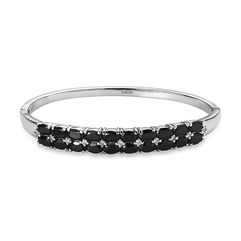 Thai Black Spinel and White Simulated Diamond Bangle Bracelet in Stainless Steel (7.25 In) 11.80 ctw
